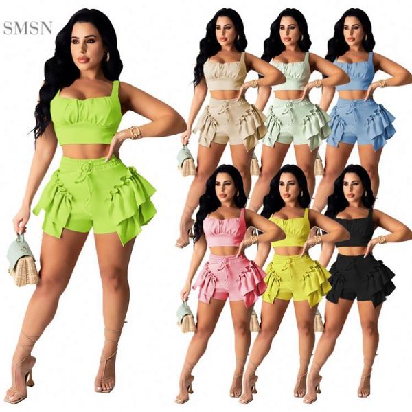 MOEN New Trendy Solid Color Crop Top Summer 2 Piece Women Set Clothing Fashin Ruched 2 Piece Shorts Set