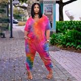 QUEENMOEN Women Clothing Plus Size One Piece Jumpsuit With Pockets Casual Short Sleeve V Neck Women Tie Dye Jumpsuits