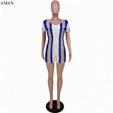 QUEENMOEN Wholesale Casual Womens Fitness Striped Lace Up V Neck Short Sleeve One Piece Wide Leg Jumpsuit