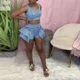 MOEN New Trendy Solid Color Crop Top Summer 2 Piece Women Set Clothing Fashin Ruched 2 Piece Shorts Set