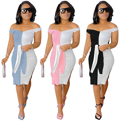 Trendy Wholesale Clothing Vendors Summer Patchwork Color Sleeveless Bandage Split Dress Stylish Sexy Dress