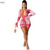 MOEN New Style Sexy Pleated Pink Dress Deep V Neck Print Flared Long Sleeve Ruched Dress dresses women casual