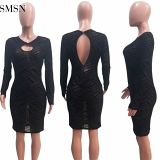 MOEN Best Design Solid Color Sexy Hollow Out Tulle Elegant Casual Dresses Autumn Long Sleeve Backless Bodycon Short Dress