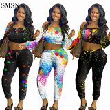 MOEN Amazon Colorful Printing Clothing Long Sleeve Strapless Long Sleeve Crop Top Print Trousers Womens Stylish 2 Piece Set