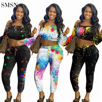 MOEN Amazon Colorful Printing Clothing Long Sleeve Strapless Long Sleeve Crop Top Print Trousers Womens Stylish 2 Piece Set