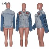 MOEN Trendy 2021 Denim Jacket For Women Stylish Print Broken Hole Single-Breasted Woman Jean Jacket Denim