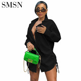 New Arrival Autumn Long Sleeve Solid Color Loose Blouse Short Dress Hollow Out Drawstring Women Shirt Dress