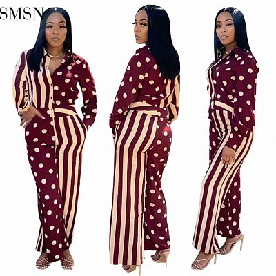 MOEN Wholesale 2021 Autumn Casual Stripe Wave Point Patchwork Print Long Sleeve Women Jumpsuits And Rompers