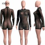 MOEN Good Quality Tulle Perspectivity Long Sleeve Women Bodycon Jumpsuit 2021 Rhinestone Jumpsuits For Women Sexy