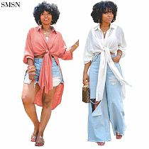 FASHIONWINNIE 2021 Fall Woman Clothing Breathable Casual Long Swing Long Sleeve Bandage Shirt Tops For Women