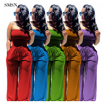 FASHIONWINNIE Fashion Clothes Wrapped Chest Sleeveless Bodycon Strapless Wide Leg Pleated Jumpsuit For Women