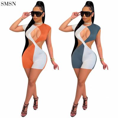 FASHIONWINNIE 2021 New Arrival Solid Color Short Sleeve One Piece Romper Short Patchwork Hollow Out Jumpsuit