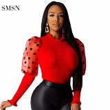 MOEN Trendy 2021 Autumn Woman Tops Fashionable Patchwork Puff Sleeve Bodycon Sexy Solid Color Womens Crop Top T Shirt