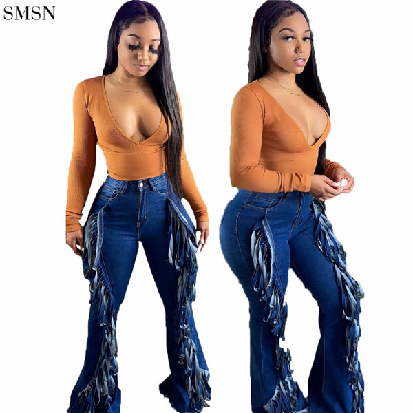 FASHIONWINNE 2021 New Arrivals Dark Blue Fall Stacked Flared Tassel Jeans Pant Womens
