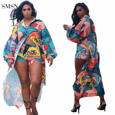 MOEN New Arrival Casual Long Sleeve Cloak Coat Shorts Print Womens Two Piece Set