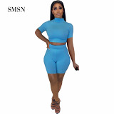 MOEN High Quality Two Piece Short Set Solid Color Short Sleeve Crop Top Sexy Bodycon Women Two Piece Set Shorts