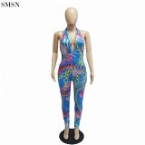 FASHIONWINNIE Hot Sale Printed Halter Sling Jumpsuit Plus Size Women Bodysuit Off Shoulder Bodycon Jumpsuits