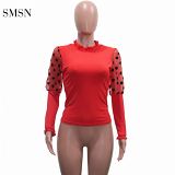 MOEN Trendy 2021 Autumn Woman Tops Fashionable Patchwork Puff Sleeve Bodycon Sexy Solid Color Womens Crop Top T Shirt