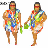 MOEN Hot Sale Sleeveless Sexy Color Print Plus Size Short Dress Woman Casual Dress