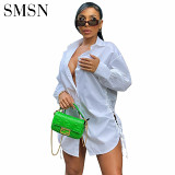 New Arrival Autumn Long Sleeve Solid Color Loose Blouse Short Dress Hollow Out Drawstring Women Shirt Dress
