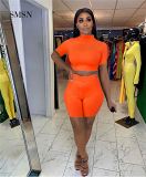 MOEN High Quality Two Piece Short Set Solid Color Short Sleeve Crop Top Sexy Bodycon Women Two Piece Set Shorts