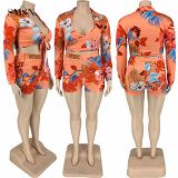 MOEN Fashion 2021 Womans Hawaiian Shirt Set Casual Long Sleeve Bandage Crop Top Flower Print Women Plus Size Shorts Set