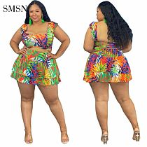 SMSN MOEN Best Design Women Summer Sexy Fold Plus Size Skirt Set Sleeveless Crop Top Hawaiian Print Two Piece Skirt Set