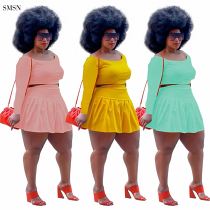 Hot Sale  Sexy Sets Solid Color Plus Size Skirt Set Long Sleeve Crop Top Pleated Skirt Womens Two Piece Skirt Set