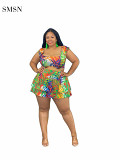 SMSN MOEN Best Design Women Summer Sexy Fold Plus Size Skirt Set Sleeveless Crop Top Hawaiian Print Two Piece Skirt Set