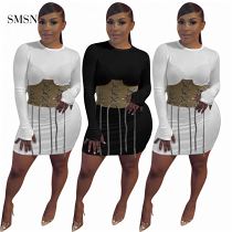 SMSN MOEN Fashionable Lace Up Dress Long Sleeve O Neck Women Casual Dress Splicing Waist Drawstring Bodycon Dress