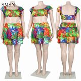 SMSN MOEN Best Design Women Summer Sexy Fold Plus Size Skirt Set Sleeveless Crop Top Hawaiian Print Two Piece Skirt Set