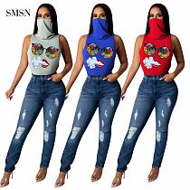 SMSN MOEN Wholesale Casual Pullover High Collar Woman Tops Fashionable Glasses Red Lips Print T Shirt