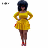 Hot Sale  Sexy Sets Solid Color Plus Size Skirt Set Long Sleeve Crop Top Pleated Skirt Womens Two Piece Skirt Set