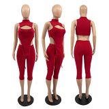 AOMEI New Trendy Two Piece Pants Sexy Set Sleeveless Hollow Out Women Clothing Two Piece Summer Set
