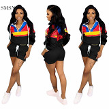 AOMEI New Trendy Patchwork Zipper Cropped Hoodie And Shorts Set Loose 2 Piece Set Women Clothing