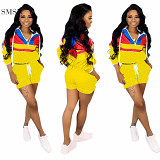 AOMEI New Trendy Patchwork Zipper Cropped Hoodie And Shorts Set Loose 2 Piece Set Women Clothing