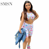 AOMEI Amazon 2021 Print Lace Up Crop Top 2 Piece Women Set Women Fashion 2 Piece Short Set