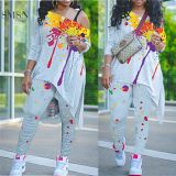 AOMEI New Arrival Slash Neck Print Two Pieces Women Clothing Casual Women Trendy Pleated Pant And Loose T Shirt Two Piece Set