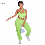 AOMEI Wholesale Womens 2021 Solid Color Slash Neck Crop Top Two Piece Casual Set Designer Brand Tracksuit Two Piece Pants Set