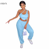 AOMEI Wholesale Womens 2021 Solid Color Slash Neck Crop Top Two Piece Casual Set Designer Brand Tracksuit Two Piece Pants Set
