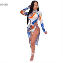MISS Hot Sale Ladies Clothes Sexy Women Dresses Printed Long Sleeves Sexy Dress Cut Out Dress With Split