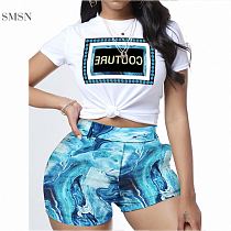 AOMEI Fashion 2021 Letter Printing Short Sleeve And Tie Dye Shorts Two Piece Summer Set Women 2 Piece Sports Set