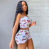 AOMEI Trendy 2021 Butterfly Printed Chest Wrap And Shorts Two Piece Short Set Women Sexy Women Clothing Two Piece Set