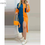 MISS Good Quality Lady Dress 2021 Printed Button Pocket V Neck Dress Womens Long Sleeve Shirt Dress