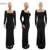 MISS Wholesale Sexy Long Gown Dress Evening Solid Elastic Pleated Winter Dress Woman Long Sleeve Dress