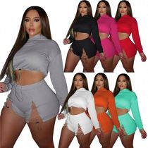 AOMEI New Arrival 2021 Summer Long Sleeve Solid Color 2 Piece Shorts Sports Set Womens Two Piece Casual Sets