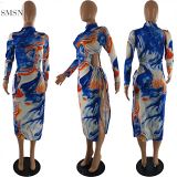 MISS Hot Sale Ladies Clothes Sexy Women Dresses Printed Long Sleeves Sexy Dress Cut Out Dress With Split