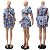 AOMEI Fashion 2021 Print Shirt And Pleated Skirt 2 Piece Set Women Sexy Womens Clothing Mini Two Piece Skirt Set