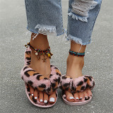 FASHIONWINNIE Fashionable New Leopard Faux Fur House Womens Lady's Flat Flip Flops Slippers