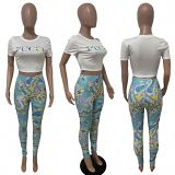 AOMEI New Trendy Two Piece Pants Short Sleeve Letter Print Sexy Set Women Clothing Two Piece Summer Set